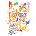 Ilustração colorida dos personagens e elementos icônicos do jogo Super Bomberman 4, incluindo bombas, chamas e símbolos do jogo. A arte destaca a estética vibrante e divertida do clássico, homenageando a franquia da Konami e Hudson Soft.