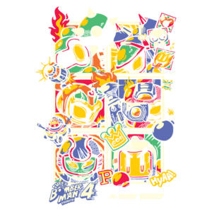 Ilustração colorida dos personagens e elementos icônicos do jogo Super Bomberman 4, incluindo bombas, chamas e símbolos do jogo. A arte destaca a estética vibrante e divertida do clássico, homenageando a franquia da Konami e Hudson Soft.