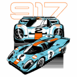 Ilustração de dois carros de corrida Porsche 917 em azul e laranja, com o número 2 em destaque, representando a icônica máquina de velocidade. O design destaca os detalhes aerodinâmicos e a rica história automobilística.
