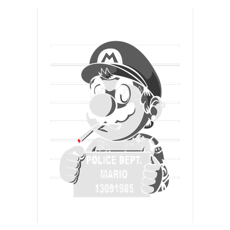 Desenho de um personagem de videojogo com bigode, usando um boné e segurando uma placa de identificação de policial. O nome "MARIO" e o número "13091985" estão visíveis na placa. O personagem fuma um cigarro e tem tatuagens visíveis.