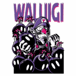 Ilustração do personagem Waluigi cercado por várias bombas, com um olhar determinado e expressões faciais intensas, destacando sua personalidade travessa. O nome "Waluigi" aparece em destaque acima da imagem.