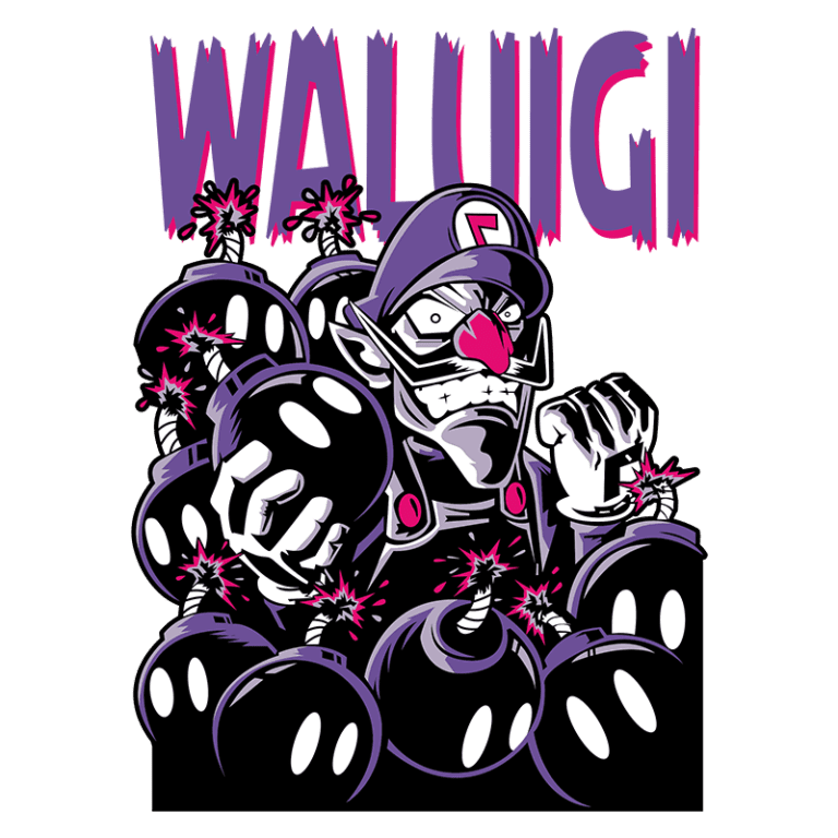 Ilustração do personagem Waluigi cercado por várias bombas, com um olhar determinado e expressões faciais intensas, destacando sua personalidade travessa. O nome "Waluigi" aparece em destaque acima da imagem.