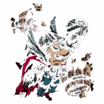 Personagem de jogo com asas e capa, segurando um objeto em uma pose heroica, em um estilo artístico vibrante e dinâmico.