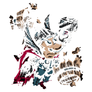 Personagem de jogo com asas e capa, segurando um objeto em uma pose heroica, em um estilo artístico vibrante e dinâmico.