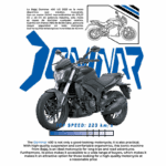 Motocicleta Bajaj Dominar 400 UG 2023, modelo esportivo com motor DOHC de 373,27 cc e 40 CV, apresentando design moderno e suspensões de alta qualidade. Equipado com freios ABS de duplo canal e garfos telescópicos invertidos de 43 mm, ideal para segurança e conforto em longas viagens. Velocidade máxima de 223 km/h.