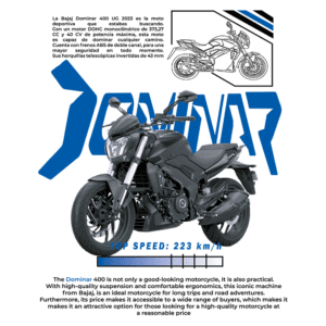 Motocicleta Bajaj Dominar 400 UG 2023, modelo esportivo com motor DOHC de 373,27 cc e 40 CV, apresentando design moderno e suspensões de alta qualidade. Equipado com freios ABS de duplo canal e garfos telescópicos invertidos de 43 mm, ideal para segurança e conforto em longas viagens. Velocidade máxima de 223 km/h.