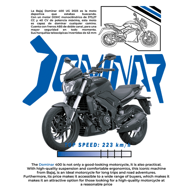 Motocicleta Bajaj Dominar 400 UG 2023, modelo esportivo com motor DOHC de 373,27 cc e 40 CV, apresentando design moderno e suspensões de alta qualidade. Equipado com freios ABS de duplo canal e garfos telescópicos invertidos de 43 mm, ideal para segurança e conforto em longas viagens. Velocidade máxima de 223 km/h.