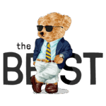 Ursinho estiloso usando óculos escuros, traje elegante e gravata, posando com confiança ao lado da palavra "the BEST". Ilustração vibrante e divertida que transmite autenticidade e charme.