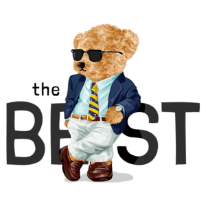Ursinho estiloso usando óculos escuros, traje elegante e gravata, posando com confiança ao lado da palavra "the BEST". Ilustração vibrante e divertida que transmite autenticidade e charme.