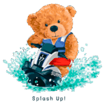 Urso de pelúcia pilotando uma moto aquática, fazendo um grande splashe na água, com um fundo vibrante de verão. Ideal para representar diversão e atividades ao ar livre.