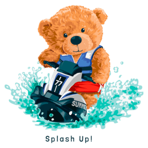 Urso de pelúcia pilotando uma moto aquática, fazendo um grande splashe na água, com um fundo vibrante de verão. Ideal para representar diversão e atividades ao ar livre.