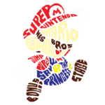 Ilustração do personagem Mario, da Nintendo, formada por palavras-chave relacionadas ao jogo, como "Super Mario", "plumber", "jump", "game over", "bonus" e "princess". Ideal para fãs de videogames e cultura pop.