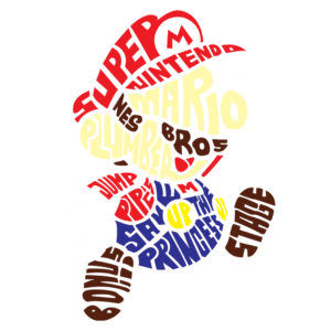 Ilustração do personagem Mario, da Nintendo, formada por palavras-chave relacionadas ao jogo, como "Super Mario", "plumber", "jump", "game over", "bonus" e "princess". Ideal para fãs de videogames e cultura pop.
