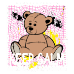 Imagem de um urso de pelúcia estilizado, com um fundo vibrante de grafite e cores expressivas, incorporando as frases "KEEP CALM" e "STAY COOL AND STAY RELAXED", representando uma estética de moda streetwear e uma mensagem de tranquilidade.