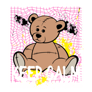 Imagem de um urso de pelúcia estilizado, com um fundo vibrante de grafite e cores expressivas, incorporando as frases "KEEP CALM" e "STAY COOL AND STAY RELAXED", representando uma estética de moda streetwear e uma mensagem de tranquilidade.