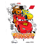 Imagem animada dos personagens de "Carros" da Disney, incluindo o carro relâmpago McQueen, Mater e um carro amarelo da Dinoco, todos cruzando a linha de chegada com a palavra "FINISH" em destaque e elementos gráficos de corrida.