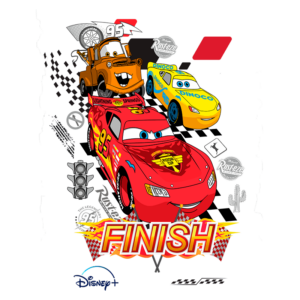 Imagem animada dos personagens de "Carros" da Disney, incluindo o carro relâmpago McQueen, Mater e um carro amarelo da Dinoco, todos cruzando a linha de chegada com a palavra "FINISH" em destaque e elementos gráficos de corrida.