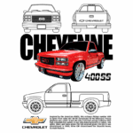 Imagem de uma caminhonete Chevrolet Cheyenne 400SS vermelha, com detalhes do design frontal e traseiro. Inclui informações sobre a inspiração da picape e sua história, destacando que foi lançada entre 1988 e 1998. A imagem também apresenta o logotipo da Chevrolet e um fundo estilizado.