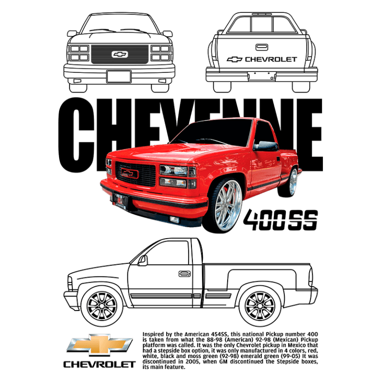 Imagem de uma caminhonete Chevrolet Cheyenne 400SS vermelha, com detalhes do design frontal e traseiro. Inclui informações sobre a inspiração da picape e sua história, destacando que foi lançada entre 1988 e 1998. A imagem também apresenta o logotipo da Chevrolet e um fundo estilizado.