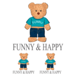 Ursinho de pelúcia estilizado vestindo uma camiseta azul com a palavra "FUNNY" e shorts jeans. Abaixo, duas versões menores do urso, também com a mesma camiseta, acompanhadas do texto "FUNNY & HAPPY". Ideal para ilustrar produtos divertidos e alegres.