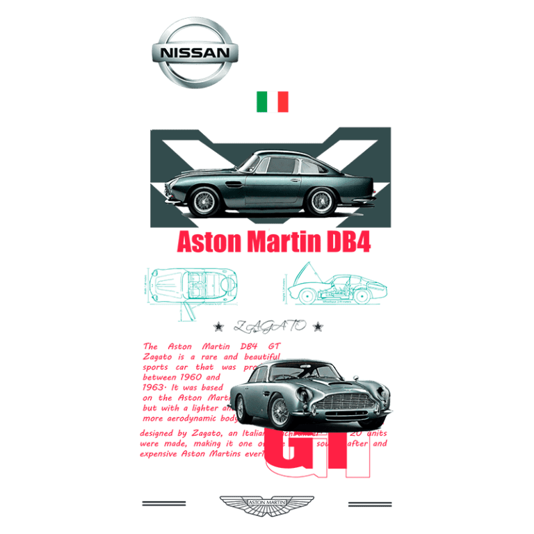 Imagem do Aston Martin DB4 GT Zagato, destacando seu design elegante e características técnicas. O carro é um modelo raro fabricado entre 1960 e 1963, conhecido por sua leveza e aerodinâmica aprimorada, projetado pela Zagato. Logotipo da Nissan e bandeira italiana estão presentes.