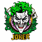 Imagem do personagem Joker, com cabelo verde e expressão maliciosa, cercado por elementos gráficos como folhas e cartas, destacando o nome "JOKER" em letras grandes e chamativas.