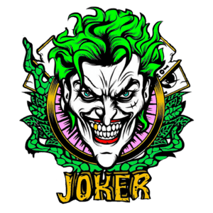 Imagem do personagem Joker, com cabelo verde e expressão maliciosa, cercado por elementos gráficos como folhas e cartas, destacando o nome "JOKER" em letras grandes e chamativas.