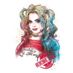Ilustração da personagem Harley Quinn com cabelo colorido em dois coques, vestindo uma camisa vermelha e um casaco azul, com maquiagem ousada e um fundo vibrante. A arte exibe a frase "Daddy's Lil Monster" e o selo "Suicide Girl".