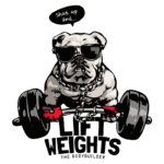 Bulldog musculoso usando óculos escuros e levantando pesos, com a frase "Shut up and..." acima. Design divertido que combina tema de exercícios e humor. Ideal para amantes de pets e fitness.