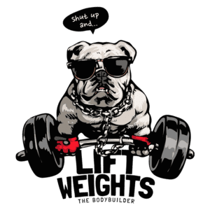 Bulldog musculoso usando óculos escuros e levantando pesos, com a frase "Shut up and..." acima. Design divertido que combina tema de exercícios e humor. Ideal para amantes de pets e fitness.
