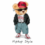 Ursinho estilizado com roupas de hip hop, incluindo boné vermelho com a palavra "YEAH", óculos escuros, camiseta estampada e calças largas. Ilustração vibrante e divertida representando a cultura urbana.