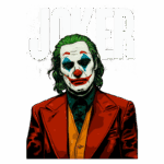 Ilustração do personagem Joker, com pintura facial icônica de palhaço, cabelo verde e traje vermelho, acompanhada da palavra "JOKER" em destaque ao fundo.