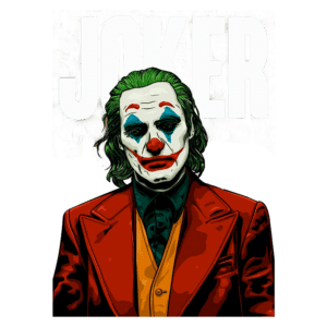 Ilustração do personagem Joker, com pintura facial icônica de palhaço, cabelo verde e traje vermelho, acompanhada da palavra "JOKER" em destaque ao fundo.