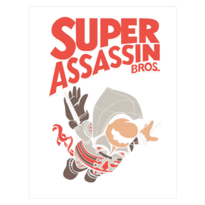 Ilustração de um personagem inspirado em videogame, vestido como um assassino com capuz, segurando uma faca, acompanhado do texto “SUPER ASSASSIN BROS.” em letras grandes e coloridas.