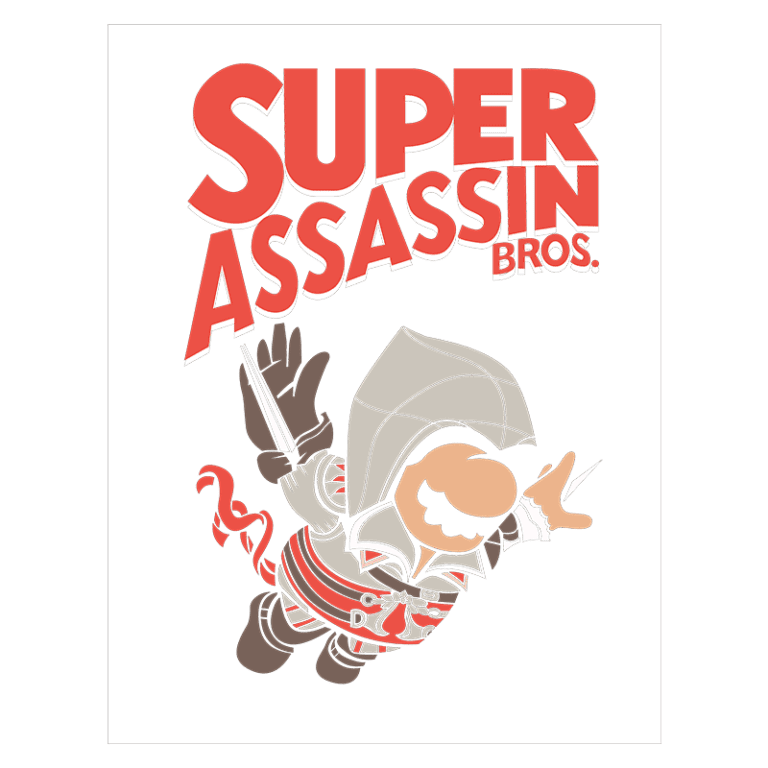 Ilustração de um personagem inspirado em videogame, vestido como um assassino com capuz, segurando uma faca, acompanhado do texto “SUPER ASSASSIN BROS.” em letras grandes e coloridas.