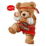 Urso de pelúcia em pose de boxe tailandês, usando short vermelho e faixas brancas, transmitindo energia e determinação. Balão de fala com a expressão "Com'on". Ideal para produtos de esportes ou decoração infantil.