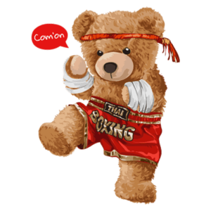 Urso de pelúcia em pose de boxe tailandês, usando short vermelho e faixas brancas, transmitindo energia e determinação. Balão de fala com a expressão "Com'on". Ideal para produtos de esportes ou decoração infantil.