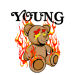 Urso de pelúcia estilizado com fogo ao redor e olhos em formato de X, acompanhado da frase "Forever Young", representando um conceito de juventude eterna e rebeldia. Ideal para artigos sobre moda alternativa ou cultura pop.