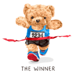 Urso corredor cruzando a linha de chegada com um número de competição 1234, simbolizando vitória e superação. Ideal para temas de esportes e motivação.