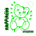 Ilustração de um urso de pelúcia em estilo grafite, com um design moderno em verde neon, expressando uma expressão triste. O fundo apresenta elementos gráficos estilizados e texto que destaca a palavra "HAPPINESS". Ideal para moda streetwear e cultura urbana.