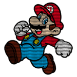 Personagem icônico Mario, vestido com macacão azul eboné vermelho, correndo com um sorriso alegre.