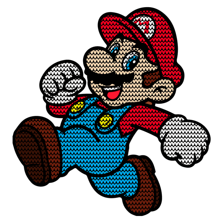 Personagem icônico Mario, vestido com macacão azul eboné vermelho, correndo com um sorriso alegre.