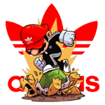 Personagem de videogame icônico vestido com roupas da Adidas, pulando sobre uma tartaruga, com fundo colorido e elementos de design vibrantes.