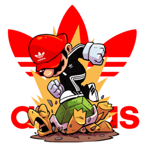 Personagem de videogame icônico vestido com roupas da Adidas, pulando sobre uma tartaruga, com fundo colorido e elementos de design vibrantes.