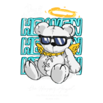 Ursinho de pelúcia estilizado com óculos escuros e asas de anjo, acompanhado por texto colorido "Heaven" e "Day Dreamer". Design divertido e alegre, perfeito para produtos voltados para animais de pelúcia e presentes infantis.