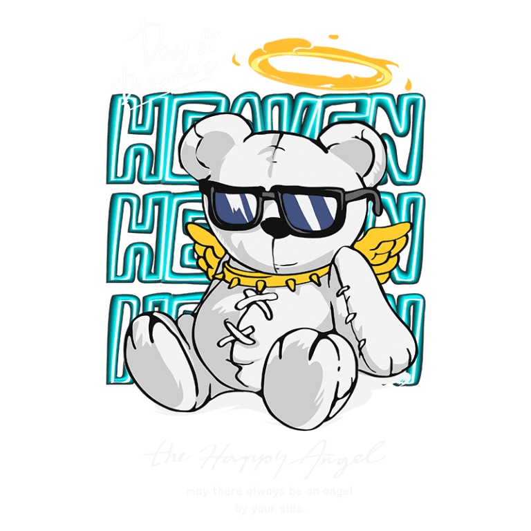 Ursinho de pelúcia estilizado com óculos escuros e asas de anjo, acompanhado por texto colorido "Heaven" e "Day Dreamer". Design divertido e alegre, perfeito para produtos voltados para animais de pelúcia e presentes infantis.