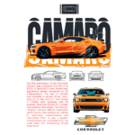 Imagem de um Chevrolet Camaro laranja da quinta geração, produzido entre 2010 e 2015, destacando seu design moderno e agressivo. O Camaro é mostrado em diferentes ângulos, com informações sobre suas opções de motorização e desempenho. O logotipo da Chevrolet também está presente, reforçando a marca.