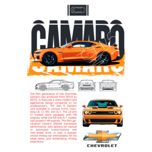Imagem de um Chevrolet Camaro laranja da quinta geração, produzido entre 2010 e 2015, destacando seu design moderno e agressivo. O Camaro é mostrado em diferentes ângulos, com informações sobre suas opções de motorização e desempenho. O logotipo da Chevrolet também está presente, reforçando a marca.