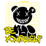 Desenho de um urso estilizado com um sorriso assustador, acompanhado da frase "Be Yourself" em amarelo vibrante, contextualizado em um fundo quadriculado. Ideal para moda streetwear e expressões artísticas.