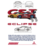 Imagem do Mitsubishi Eclipse GS-T, destacando seu design esportivo, motor turbo de 2.0 litros e especificações técnicas. O carro é apresentado em uma perspectiva lateral e frontal, com ênfase em seu desempenho e características de manuseio ágil.